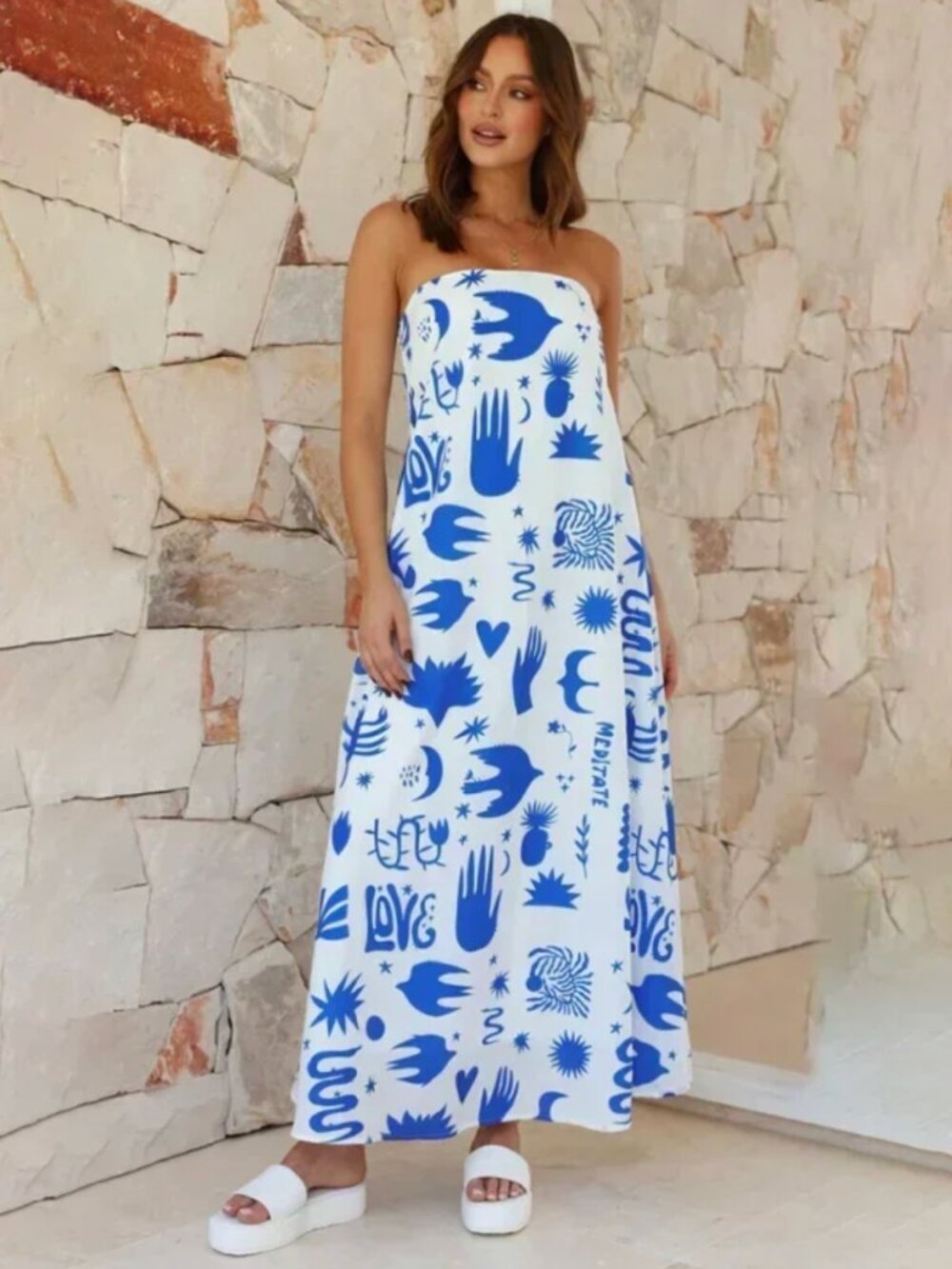 Blue and white strapless maxi dress